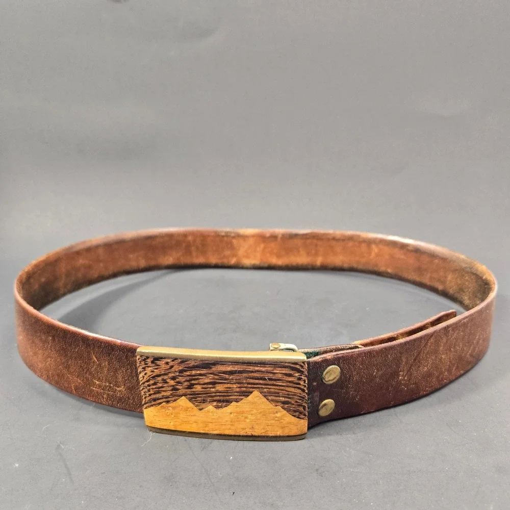 Kenneth Reid Albuquerque Brass Wood Mountain Inlay Leather Belt Vintage Brown